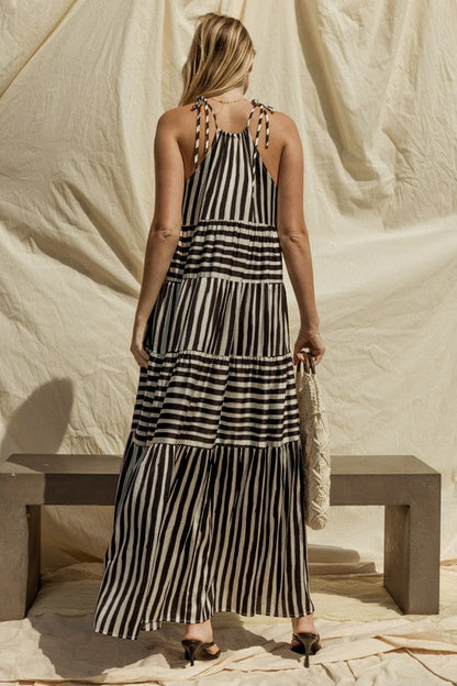 Sleeveless Stripe Maxi Tiered Dress WHITE-BLACK STRIPE by Gilli | Fleurcouture