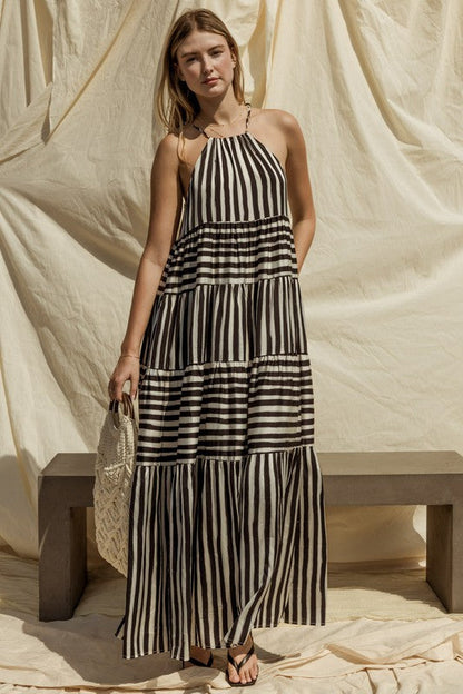 Sleeveless Stripe Maxi Tiered Dress WHITE-BLACK STRIPE by Gilli | Fleurcouture