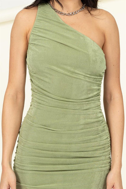 Slinky One Shoulder Ruched Asymmetric Hem Dress by HYFVE | Fleurcouture