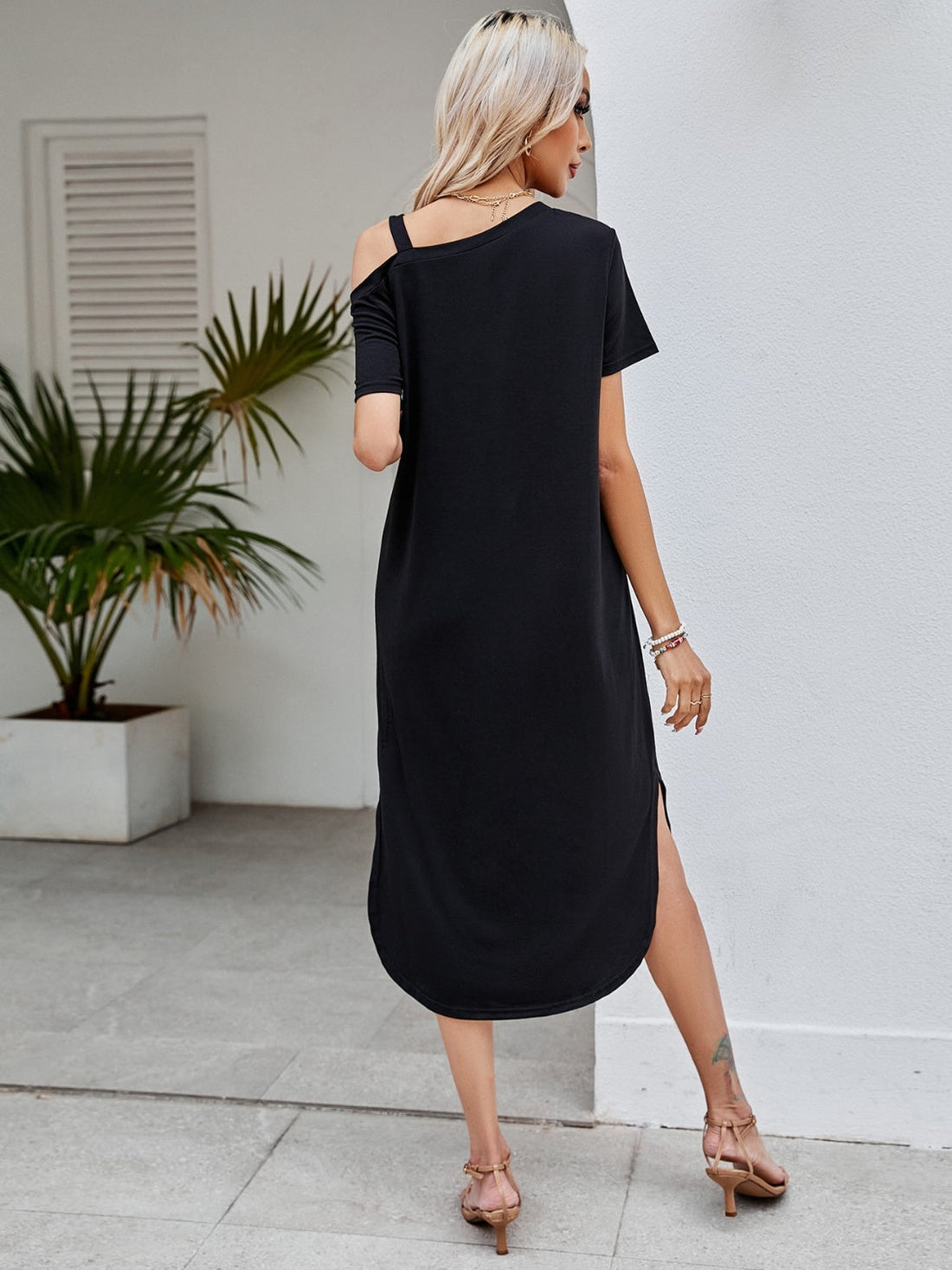 Slit Asymmetrical Neck Short Sleeve Dress Black Women&