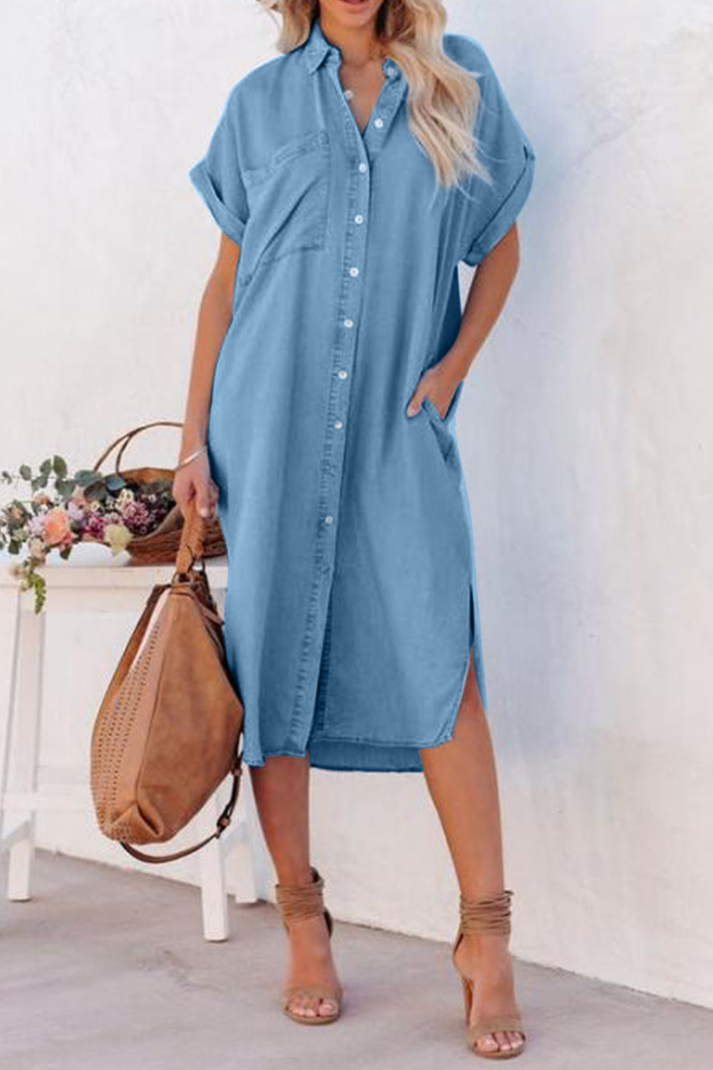 Slit Button Up Short Sleeve Imitation Denim Dress Medium S Dresses by Trendsi | Fleurcouture