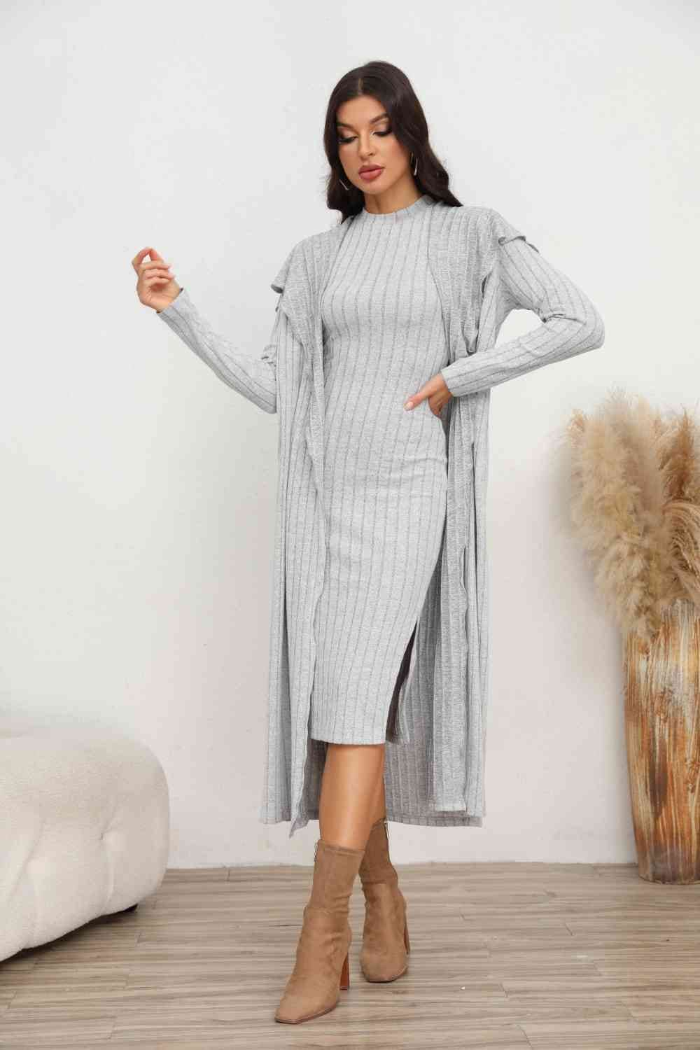 Slit Dress and Longline Cardigan Set Light Gray S by Trendsi | Fleurcouture