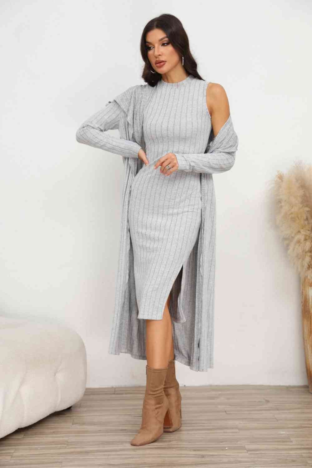 Slit Dress and Longline Cardigan Set Light Gray by Trendsi | Fleurcouture