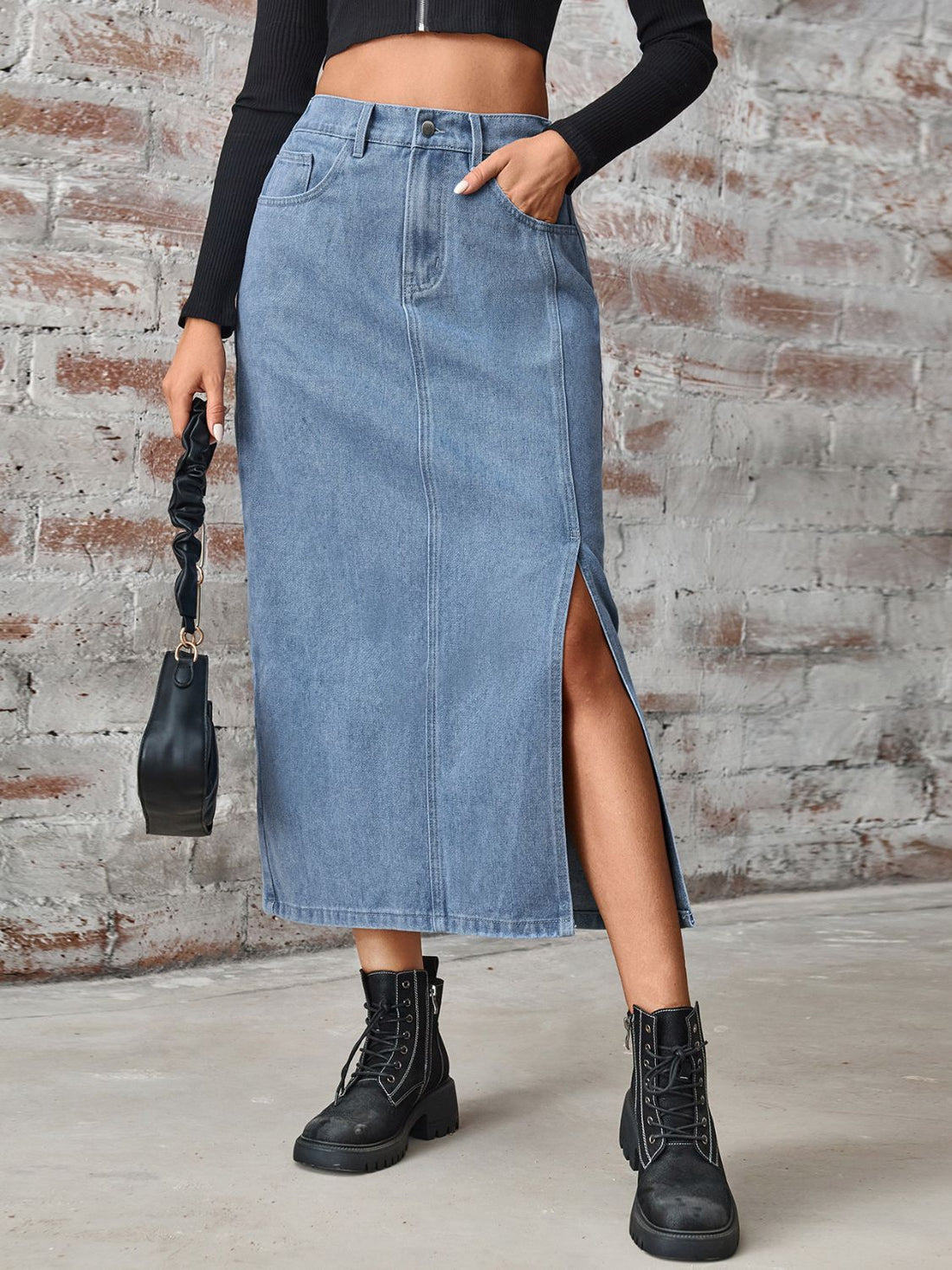 Slit High Waist Denim Skirt with Pockets Dusty Blue S Skirts by Trendsi | Fleurcouture