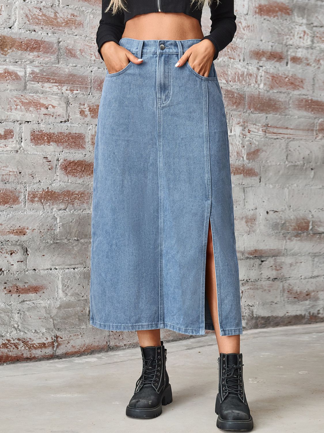 Slit High Waist Denim Skirt with Pockets Dusty Blue Skirts by Trendsi | Fleurcouture