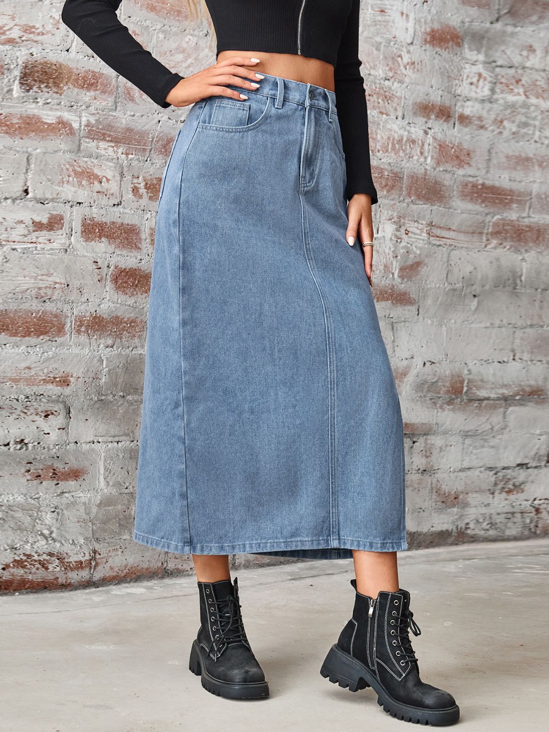 Slit High Waist Denim Skirt with Pockets Dusty Blue Skirts by Trendsi | Fleurcouture