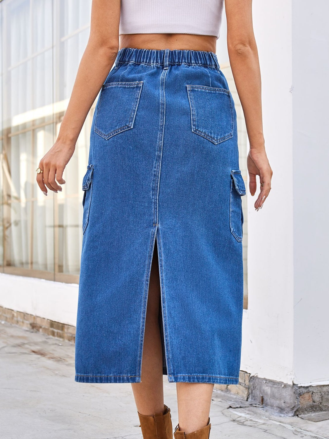 Slit Midi Denim Skirt with Pockets Medium Skirts by Trendsi | Fleurcouture