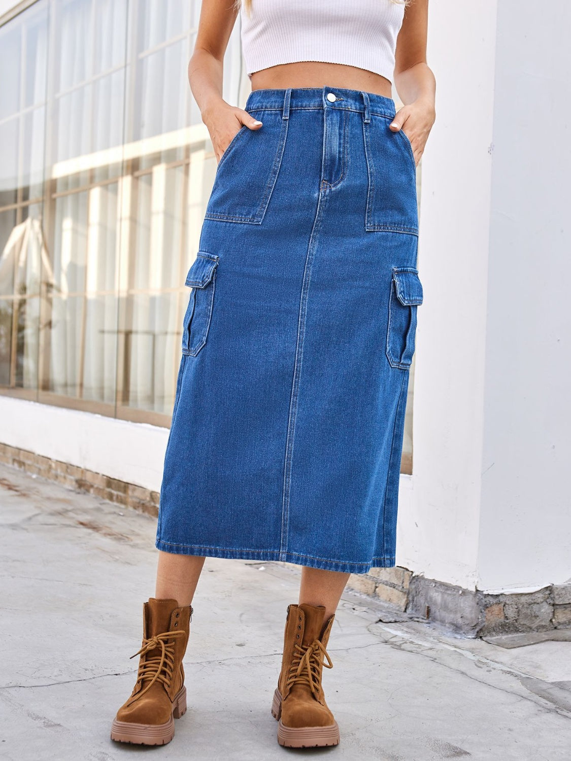 Slit Midi Denim Skirt with Pockets Medium Skirts by Trendsi | Fleurcouture