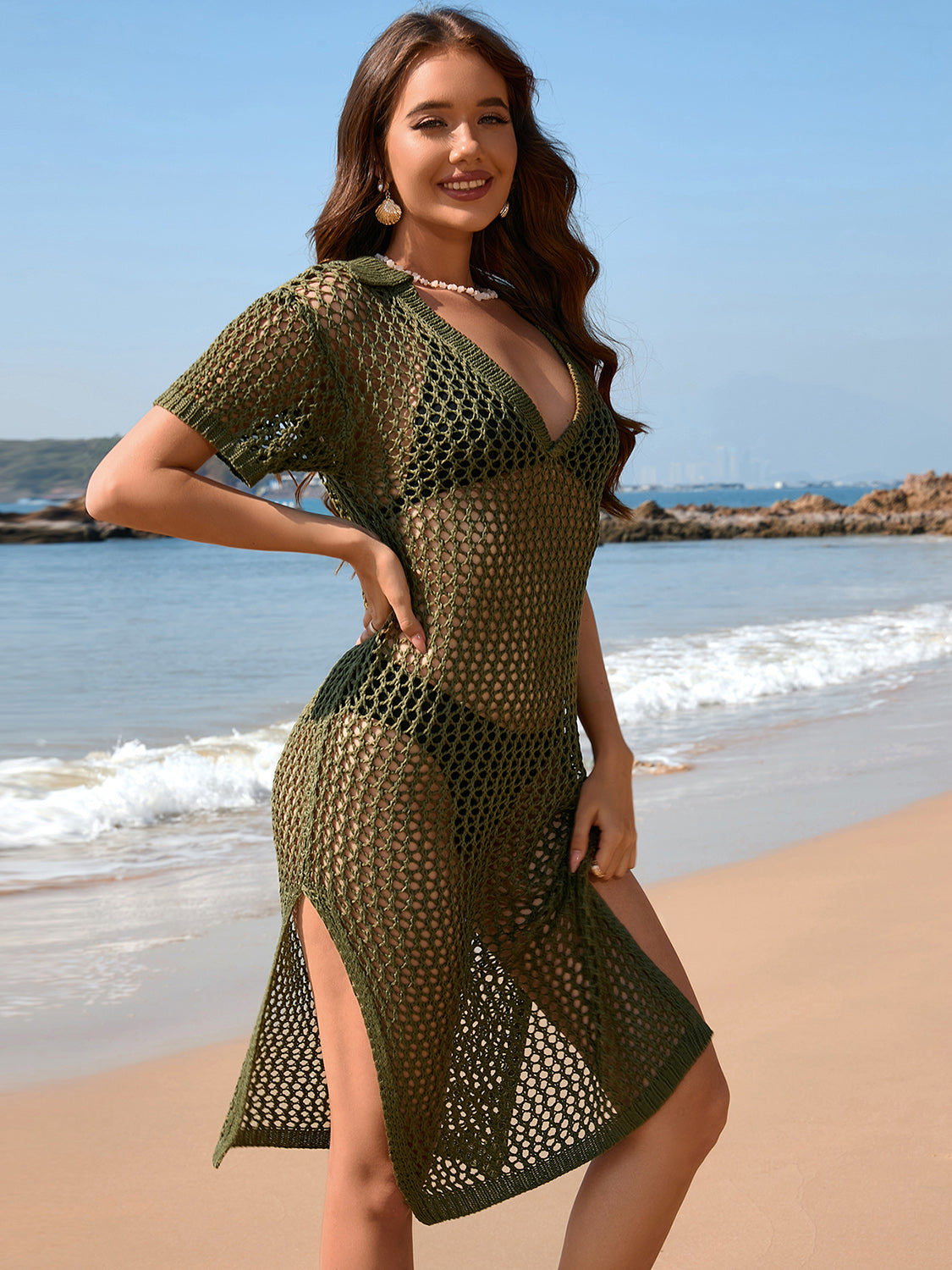 Slit Openwork Johnny Collar Short Sleeve Cover-Up Moss S Swimwear by Trendsi | Fleurcouture