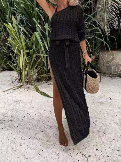 Slit Openwork Single Shoulder Knit Dress Black S Women&