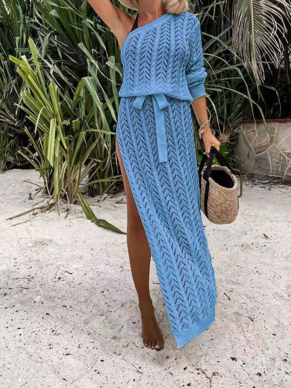 Slit Openwork Single Shoulder Knit Dress Cerulean S Women&