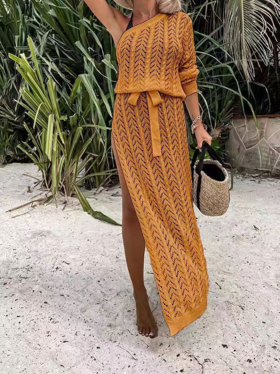 Slit Openwork Single Shoulder Knit Dress Mustard S Women&