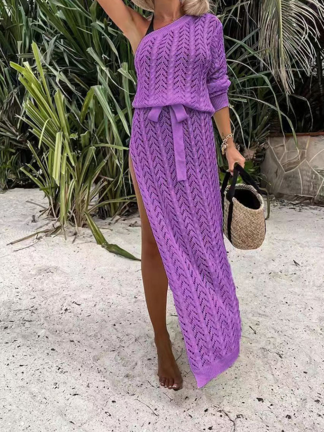 Slit Openwork Single Shoulder Knit Dress Purple S Women&