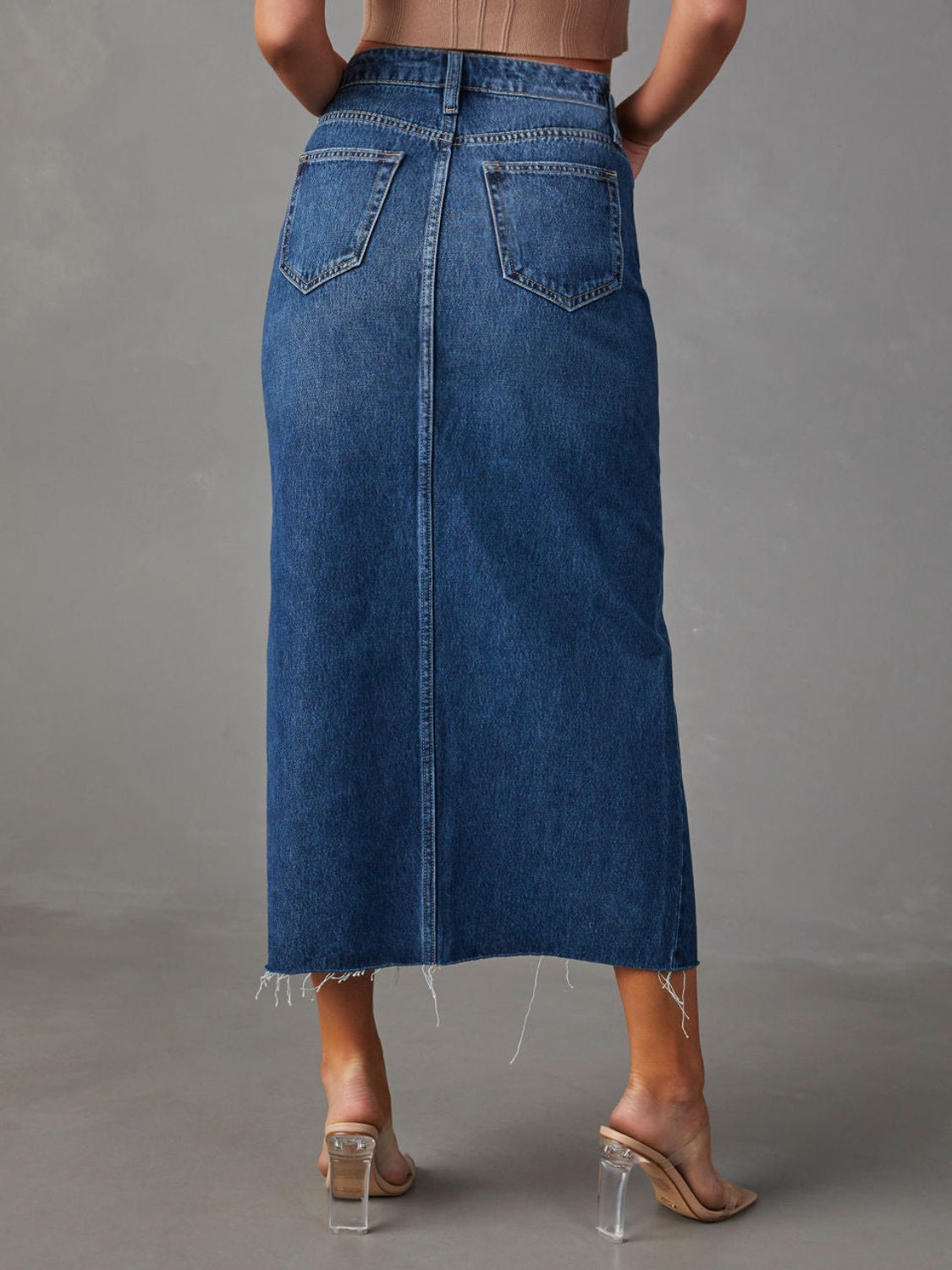 Slit Raw Hem Midi Denim Skirt Bottoms by Trendsi | Fleurcouture