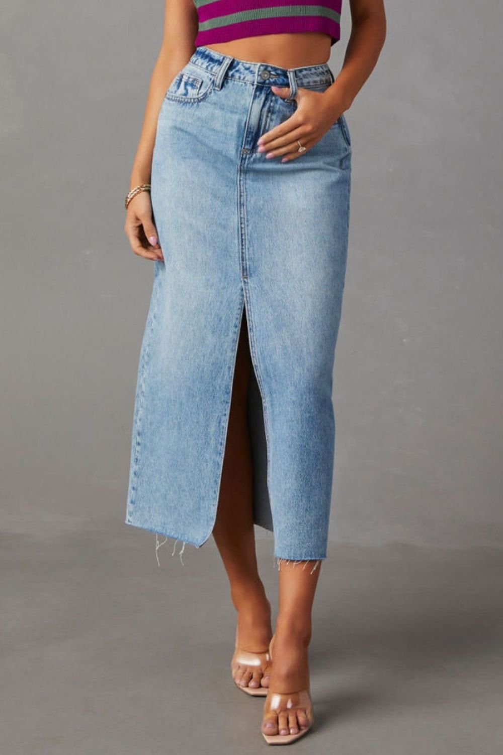 Slit Raw Hem Midi Denim Skirt Bottoms by Trendsi | Fleurcouture