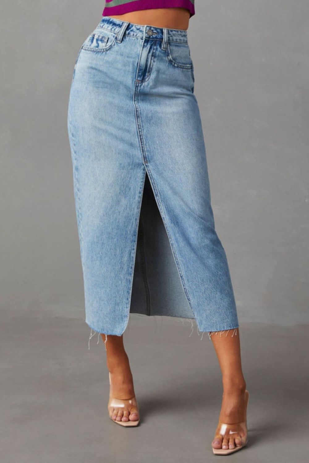 Slit Raw Hem Midi Denim Skirt Misty Blue S Bottoms by Trendsi | Fleurcouture