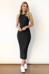 Slit Ribbed Round Neck Sleeveless Dress Black S Women&