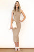 Slit Ribbed Round Neck Sleeveless Dress Tan S Women&