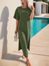 Slit Round Neck Half Sleeve Tee Dress Army Green S Women&