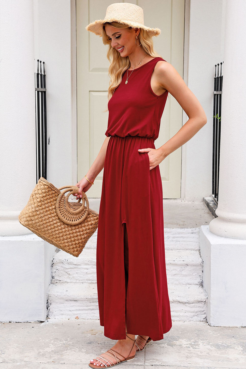 Slit Round Neck Sleeveless Dress Scarlet Women&