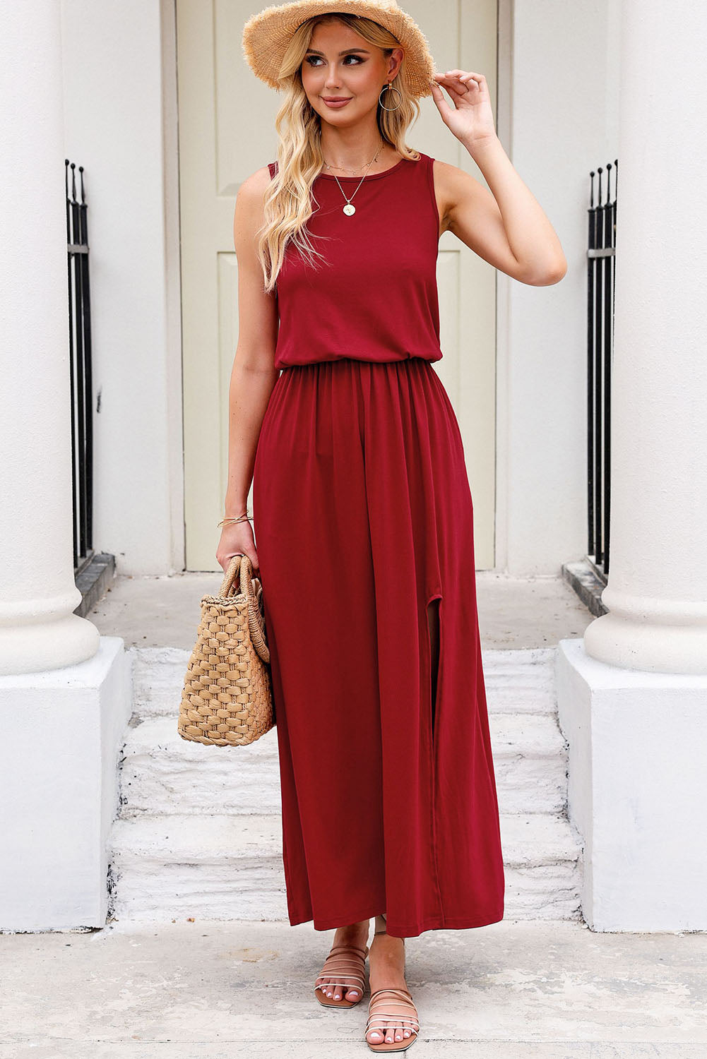 Slit Round Neck Sleeveless Dress Scarlet Women&