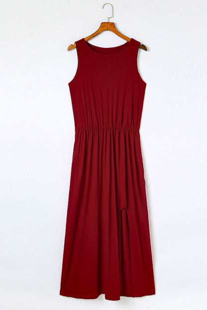 Slit Round Neck Sleeveless Dress Scarlet Women&