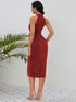 Slit Ruched Mock Neck Sleeveless Dress Burgundy S Women&