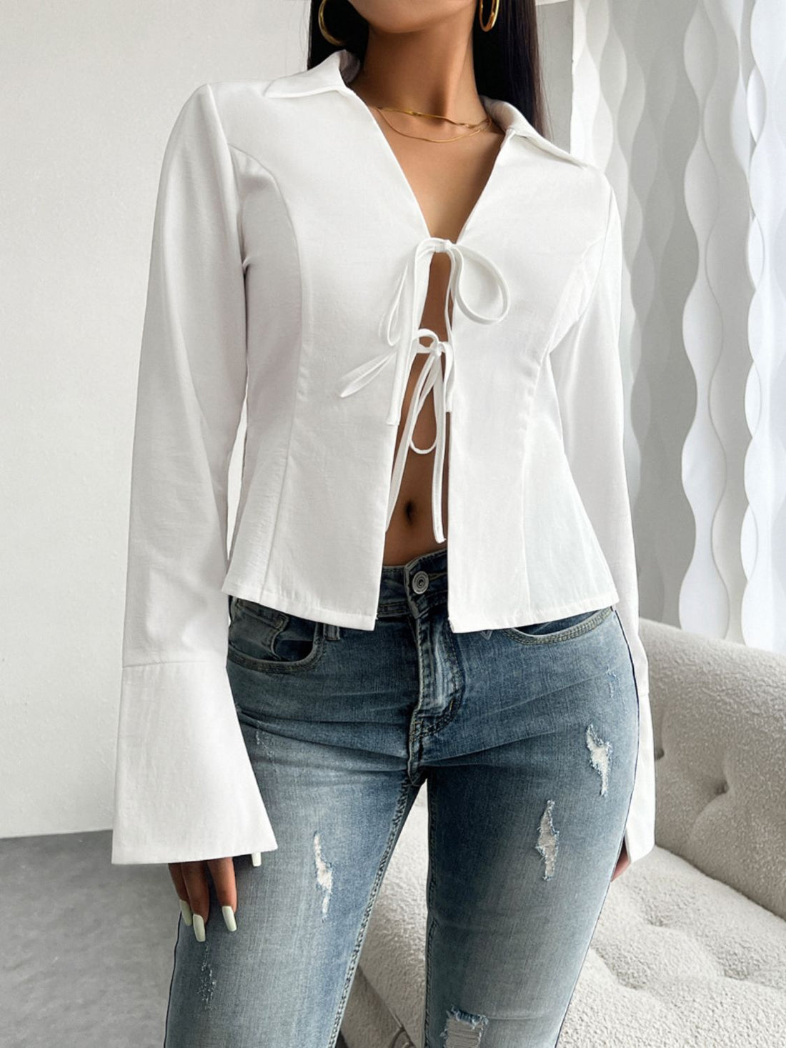 Slit Tied Collared Neck Long Sleeve Blouse White S Women&