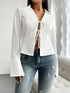 Slit Tied Collared Neck Long Sleeve Blouse White S Women&