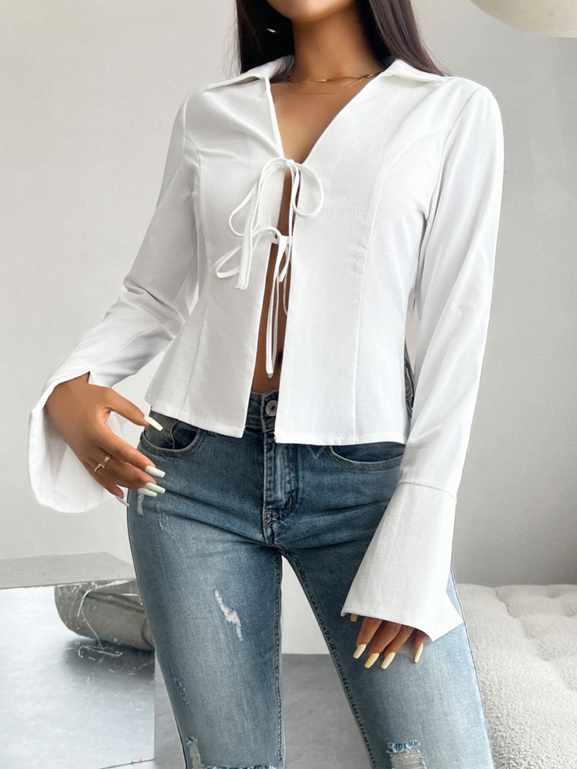 Slit Tied Collared Neck Long Sleeve Blouse White Women&