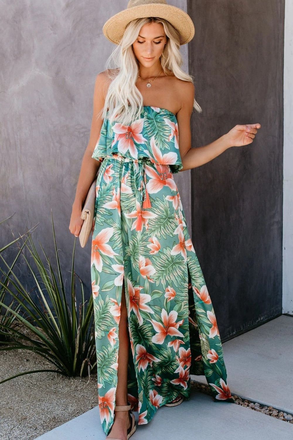 Slit Tropical Sleeveless Tube Dress Floral Dresses by Trendsi | Fleurcouture