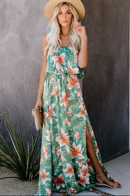 Slit Tropical Sleeveless Tube Dress Floral S Dresses by Trendsi | Fleurcouture