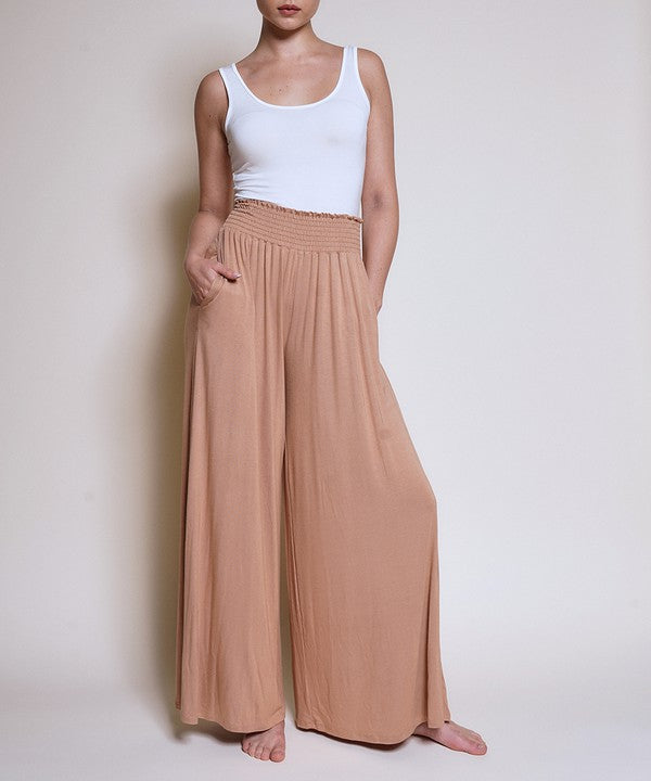 SMOCK ELASTIC WAIST MAXI PALAZZO CAMEL S by Fabina | Fleurcouture