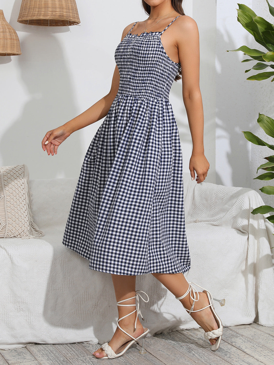 Smocked Plaid Square Neck Cami Dress Indigo Women&