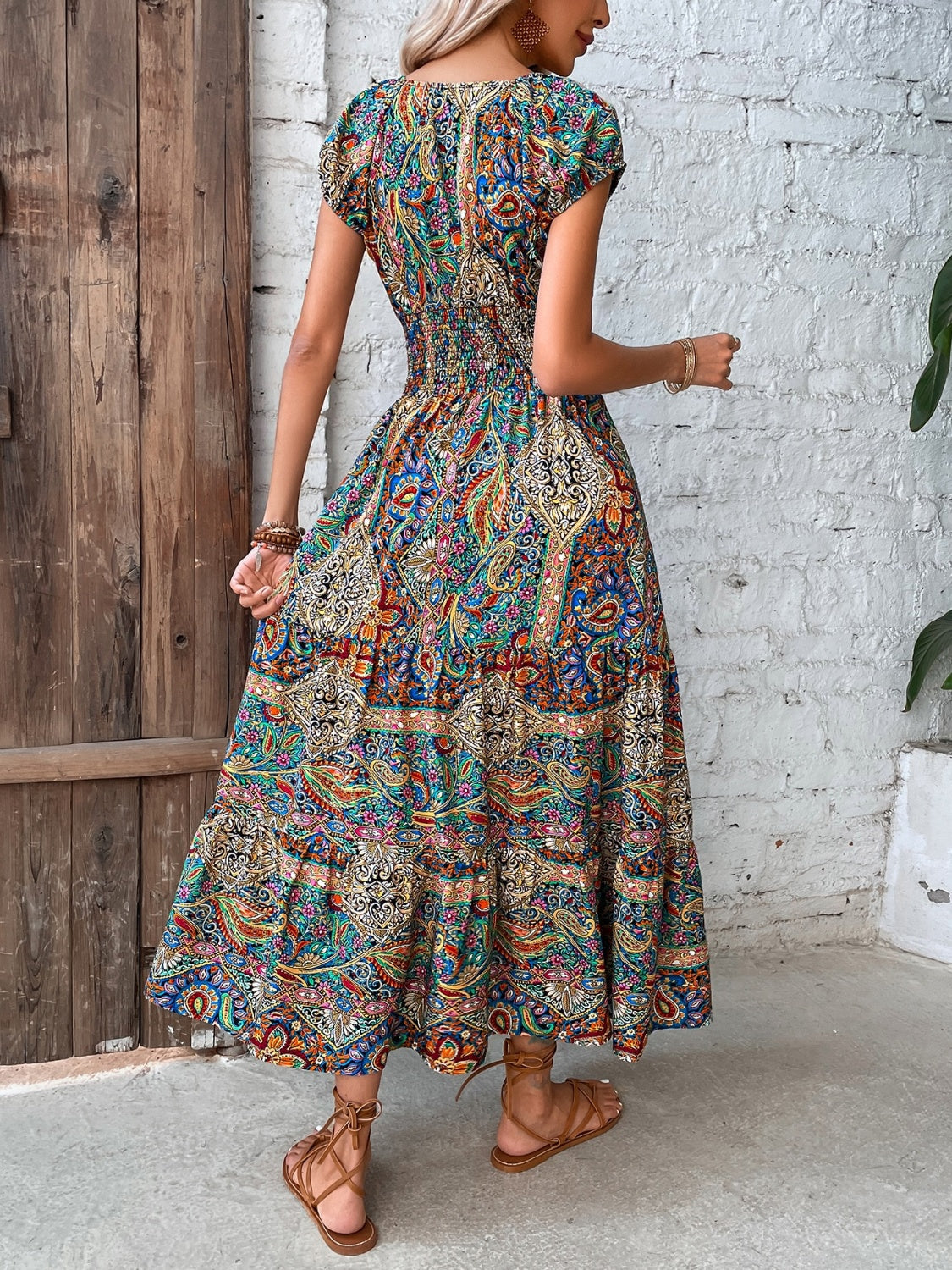 Smocked Printed Cap Sleeve Midi Dress Dresses by Trendsi | Fleurcouture