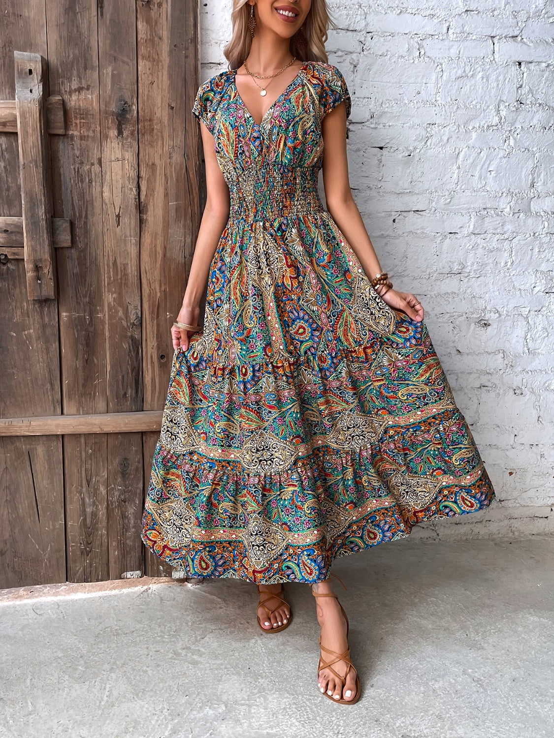 Smocked Printed Cap Sleeve Midi Dress Dresses by Trendsi | Fleurcouture