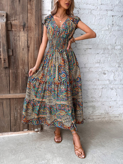 Smocked Printed Cap Sleeve Midi Dress Dresses by Trendsi | Fleurcouture