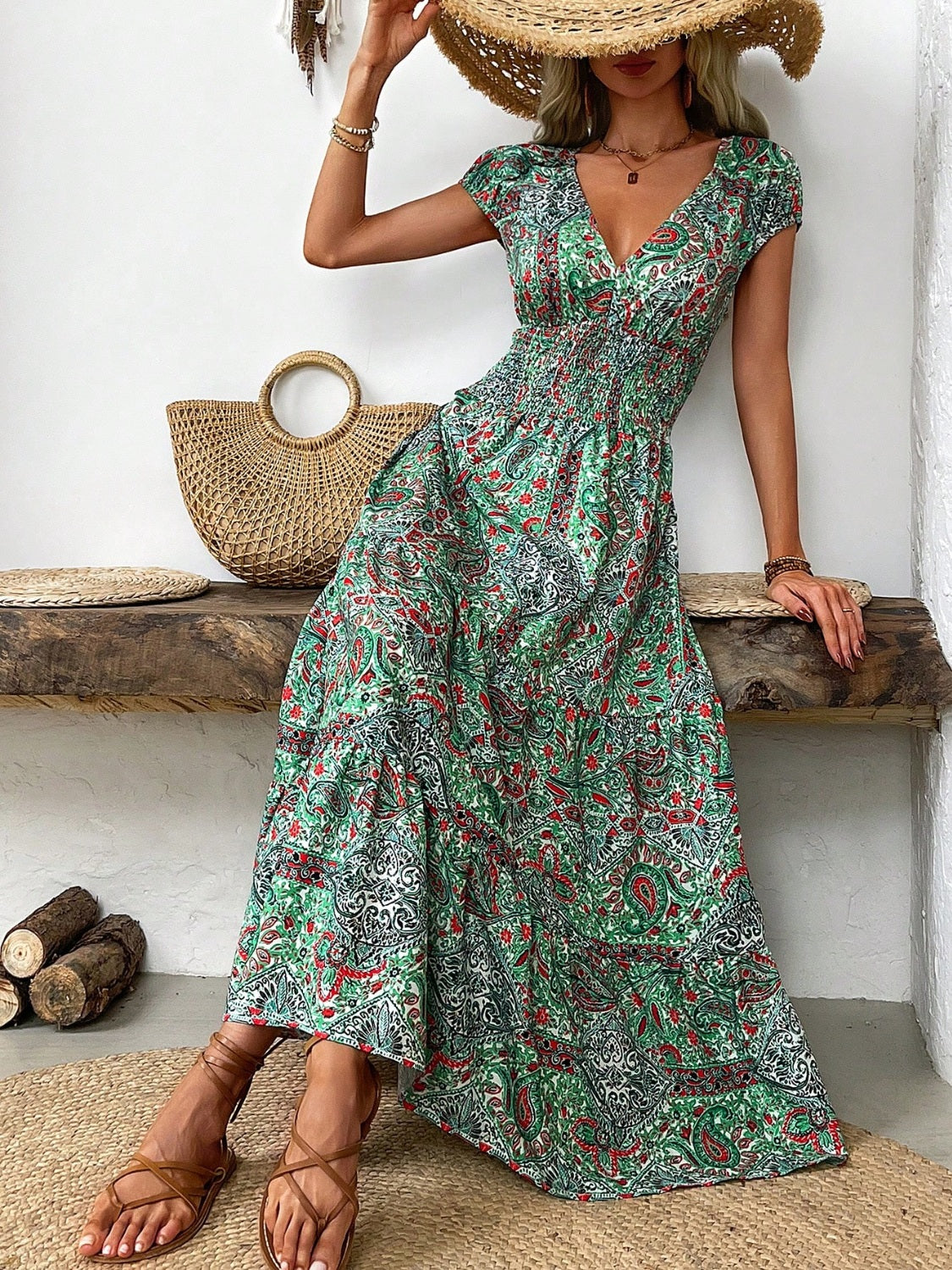 Smocked Printed Cap Sleeve Midi Dress Green L Dresses by Trendsi | Fleurcouture