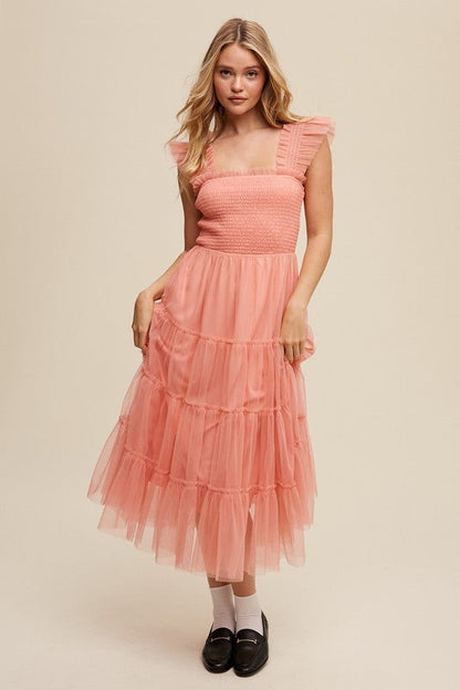 Smocked Ruffle Tiered Mesh Midi Maxi Dress Coral S by Listicle | Fleurcouture