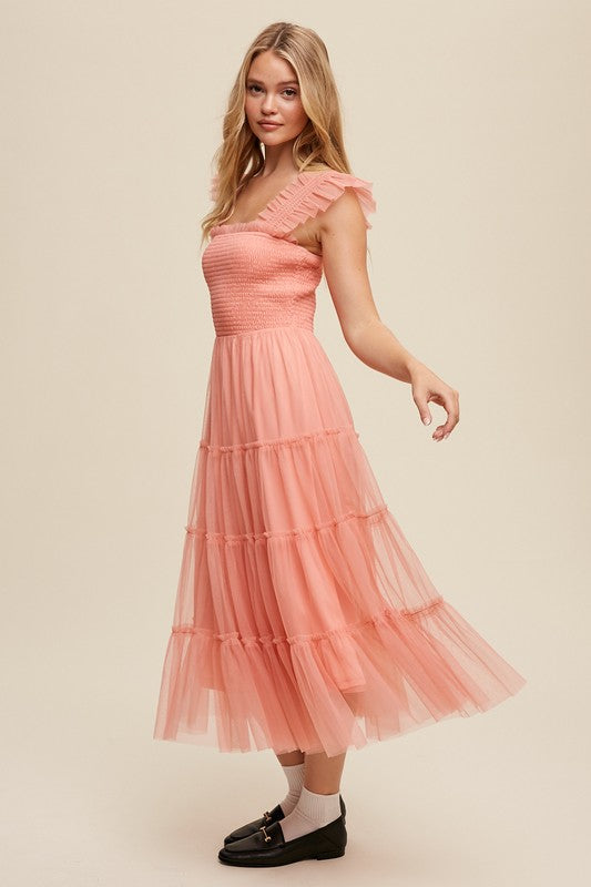 Smocked Ruffle Tiered Mesh Midi Maxi Dress by Listicle | Fleurcouture