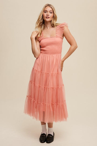 Smocked Ruffle Tiered Mesh Midi Maxi Dress by Listicle | Fleurcouture