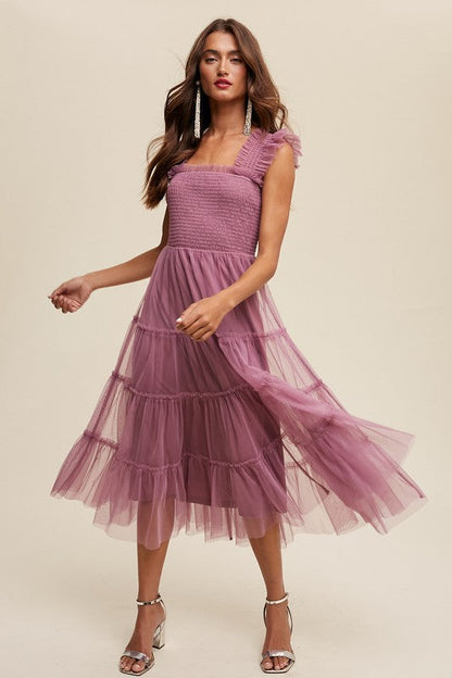 Smocked Ruffle Tiered Mesh Midi Maxi Dress by Listicle | Fleurcouture