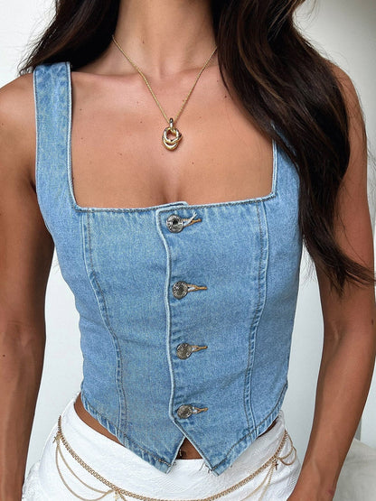 Smocked Square Neck Denim Top Women&