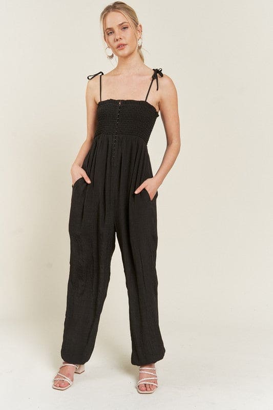 SMOCKED TIE STRAP JUMPSUIT BLACK S by Jade By Jane | Fleurcouture