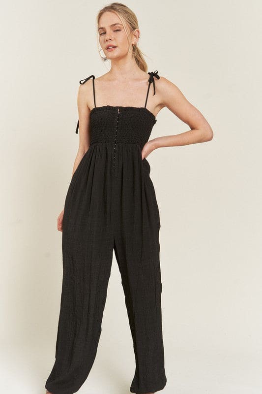 SMOCKED TIE STRAP JUMPSUIT by Jade By Jane | Fleurcouture