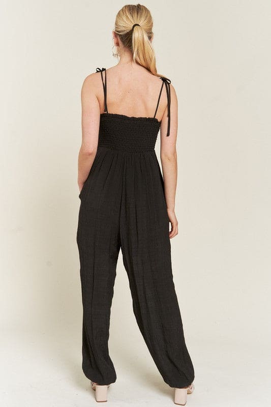 SMOCKED TIE STRAP JUMPSUIT by Jade By Jane | Fleurcouture