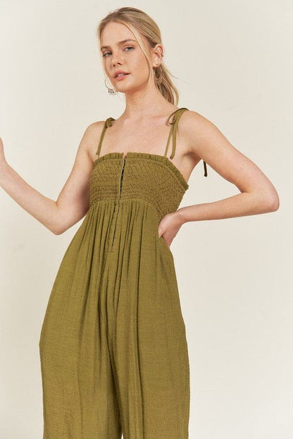 SMOCKED TIE STRAP JUMPSUIT OLIVE S by Jade By Jane | Fleurcouture