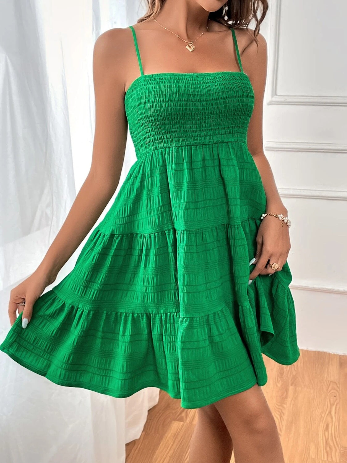 Smocked Tiered Sleeveless Mini Dress Mid Green S Dresses by Trendsi | Fleurcouture