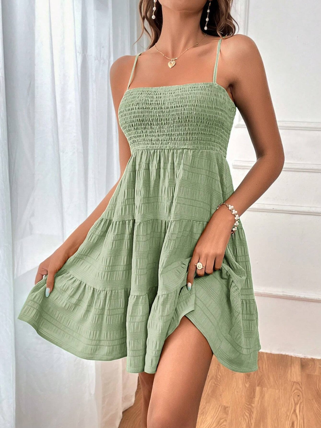 Smocked Tiered Sleeveless Mini Dress Sage S Dresses by Trendsi | Fleurcouture