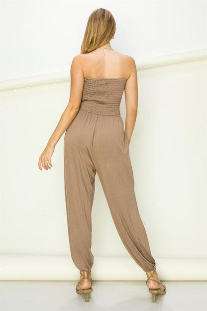 Smocked Tube with Split Hem Jumpsuit MOCHA S by HYFVE | Fleurcouture